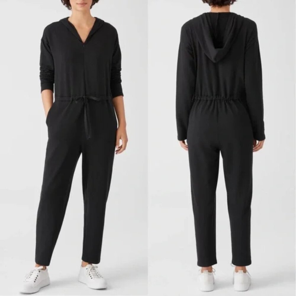 Eileen Fisher Cozy Brushed Terry Hooded Sweater Jumpsuit in Black | Size Small
